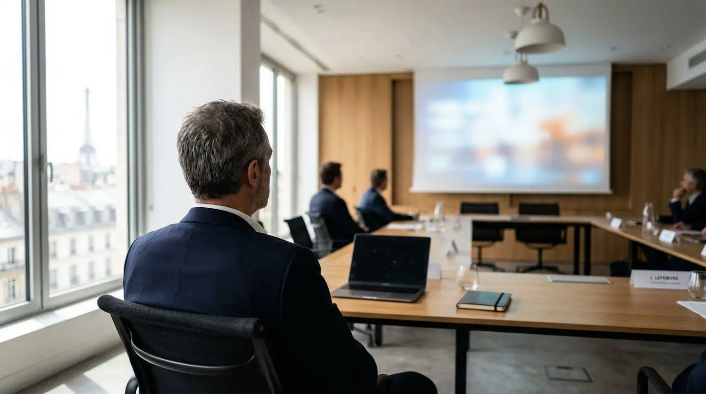 Un professionnel vu de dos observe un écran de présentation dans une salle de conférence moderne baignée de lumière naturelle