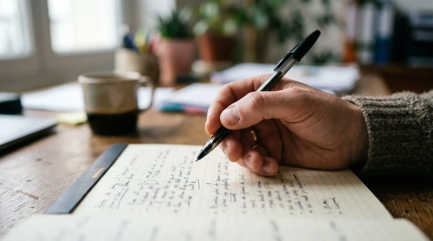 Gros plan sur une main tenant un stylo au-dessus de notes manuscrites floues sur un carnet ouvert