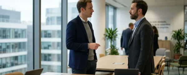 Deux professionnels échangent debout près d'une table de réunion dans un bureau lumineux aux grandes baies vitrées