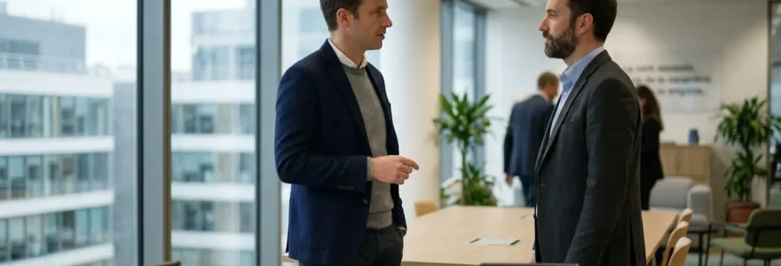 Deux professionnels échangent debout près d'une table de réunion dans un bureau lumineux aux grandes baies vitrées