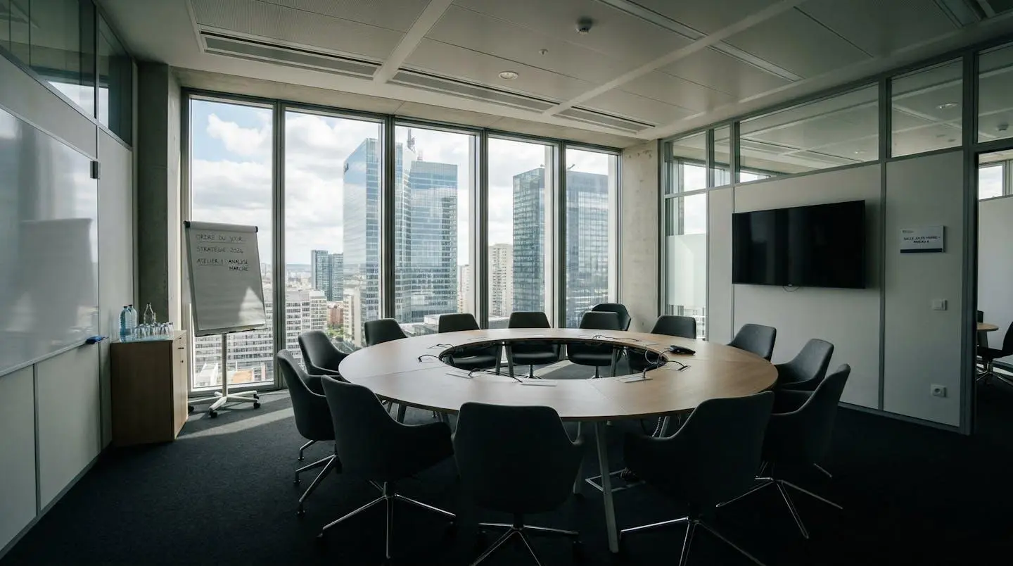 Une salle de formation vide avec table ronde, paperboards et grandes fenêtres laissant entrer la lumière naturelle