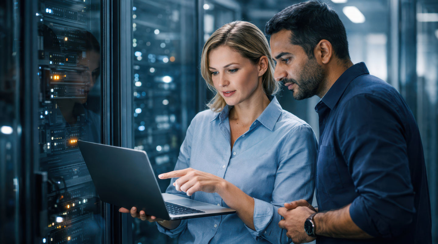 Allée de datacenter moderne avec baies serveurs et câblage structuré, éclairage LED contemporain, environnement technique vide