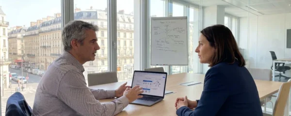 Deux cadres dirigeants en réunion stratégique discutent d