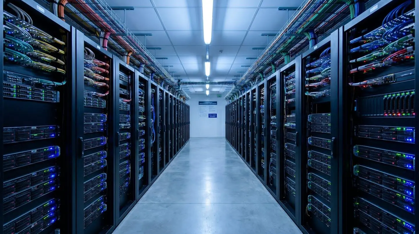 Allée de datacenter moderne avec baies serveurs et câblage structuré, éclairage LED contemporain, environnement technique vide