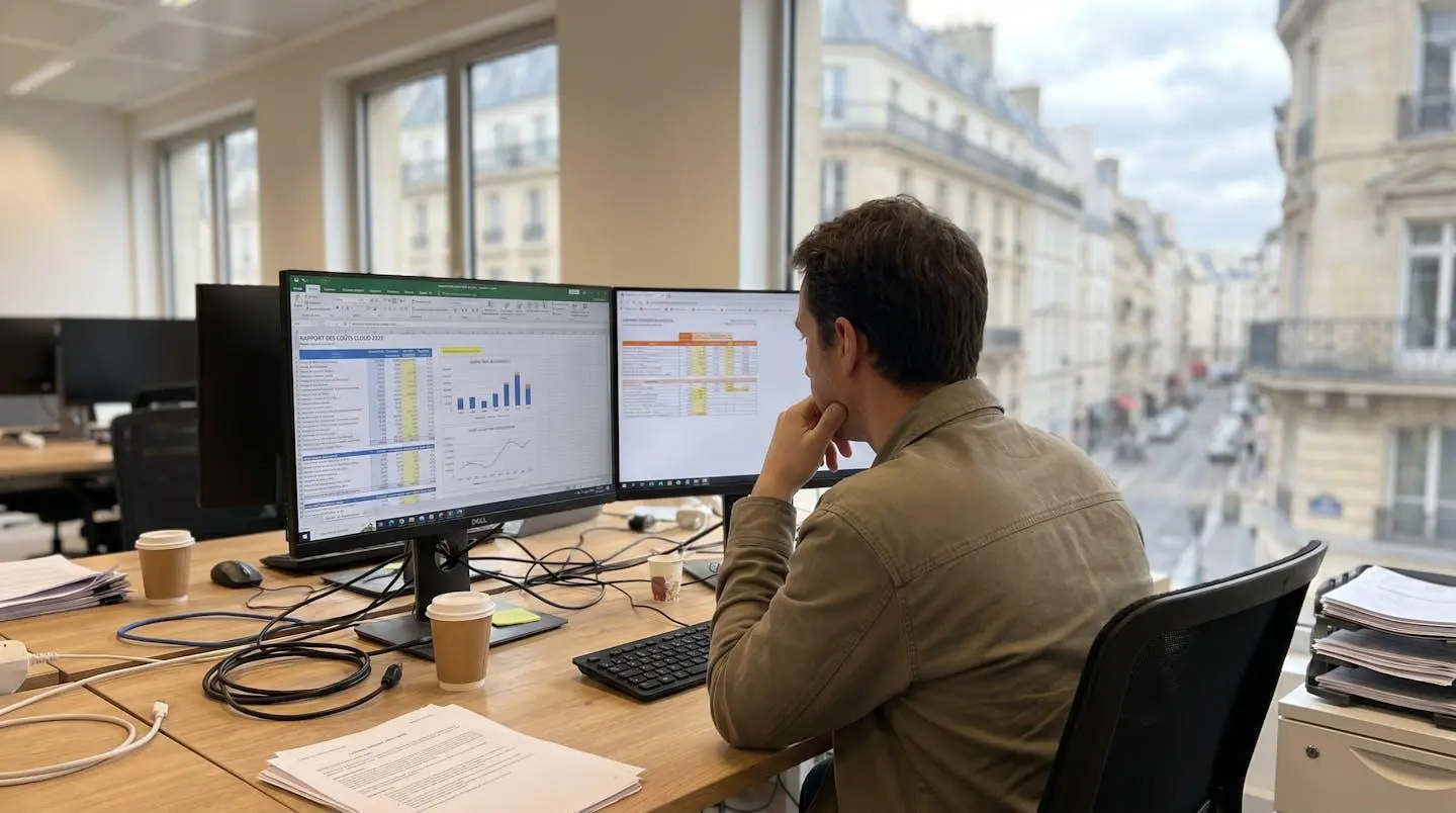 Responsable IT de dos analysant des rapports de coûts cloud et alertes budgétaires sur deux écrans, posture réfléchie, bureau contemporain lumineux avec détails réalistes